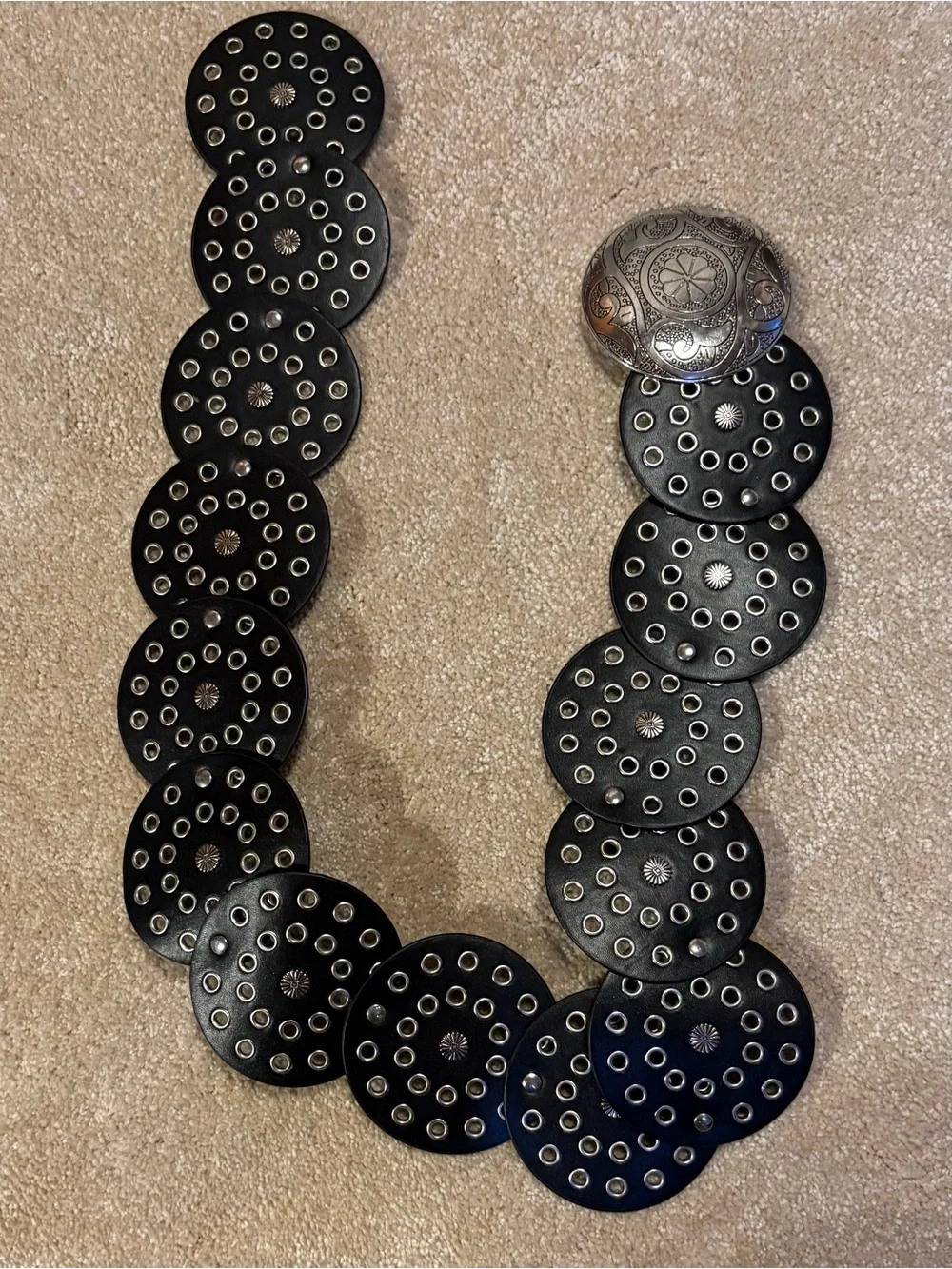 Black Leather Statement Belt Silver Like Concho Grommet Western Boho